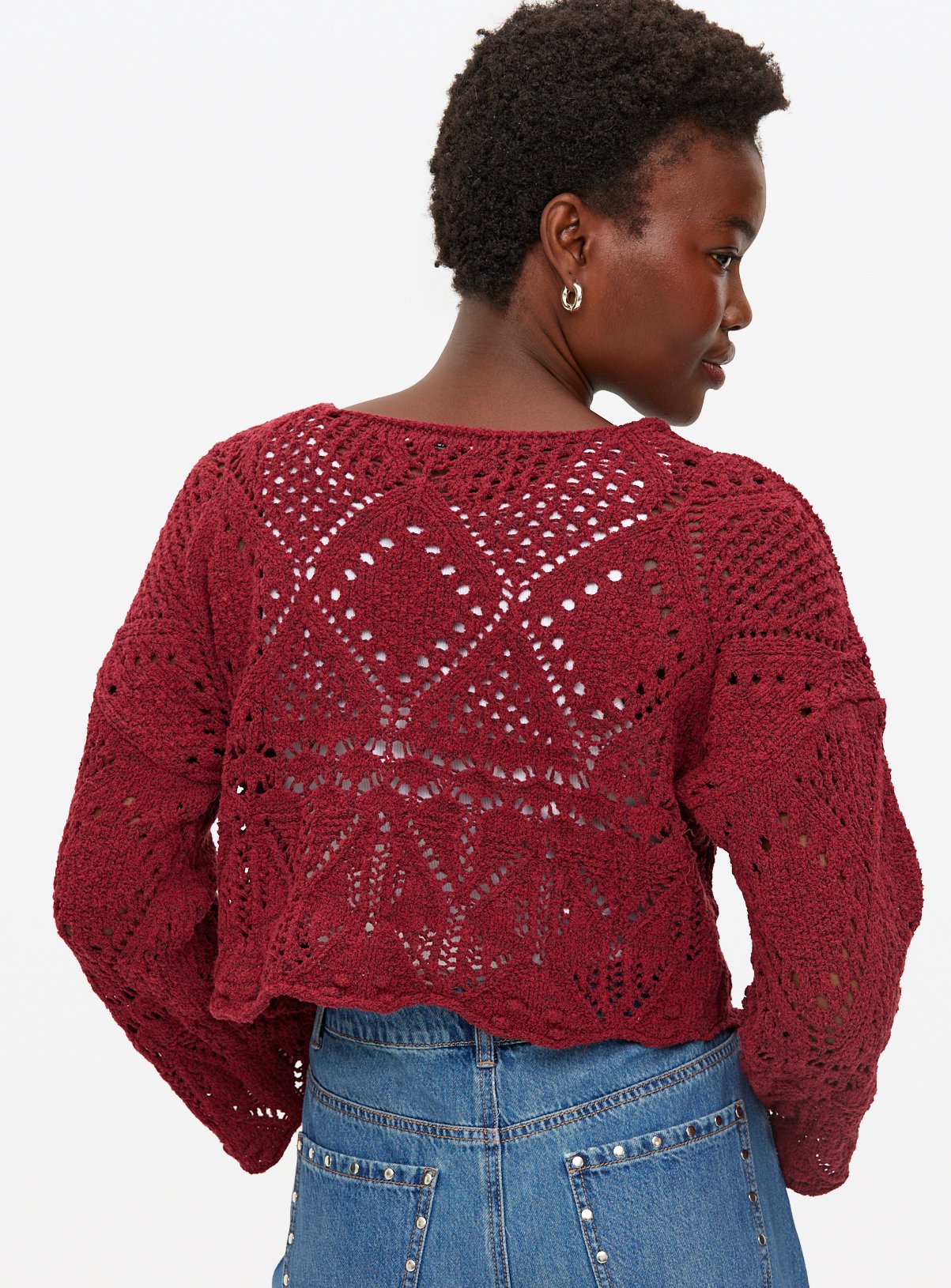 Berry Red Tie Front Pointelle Cardigan 18 - Image 4 thumbnail